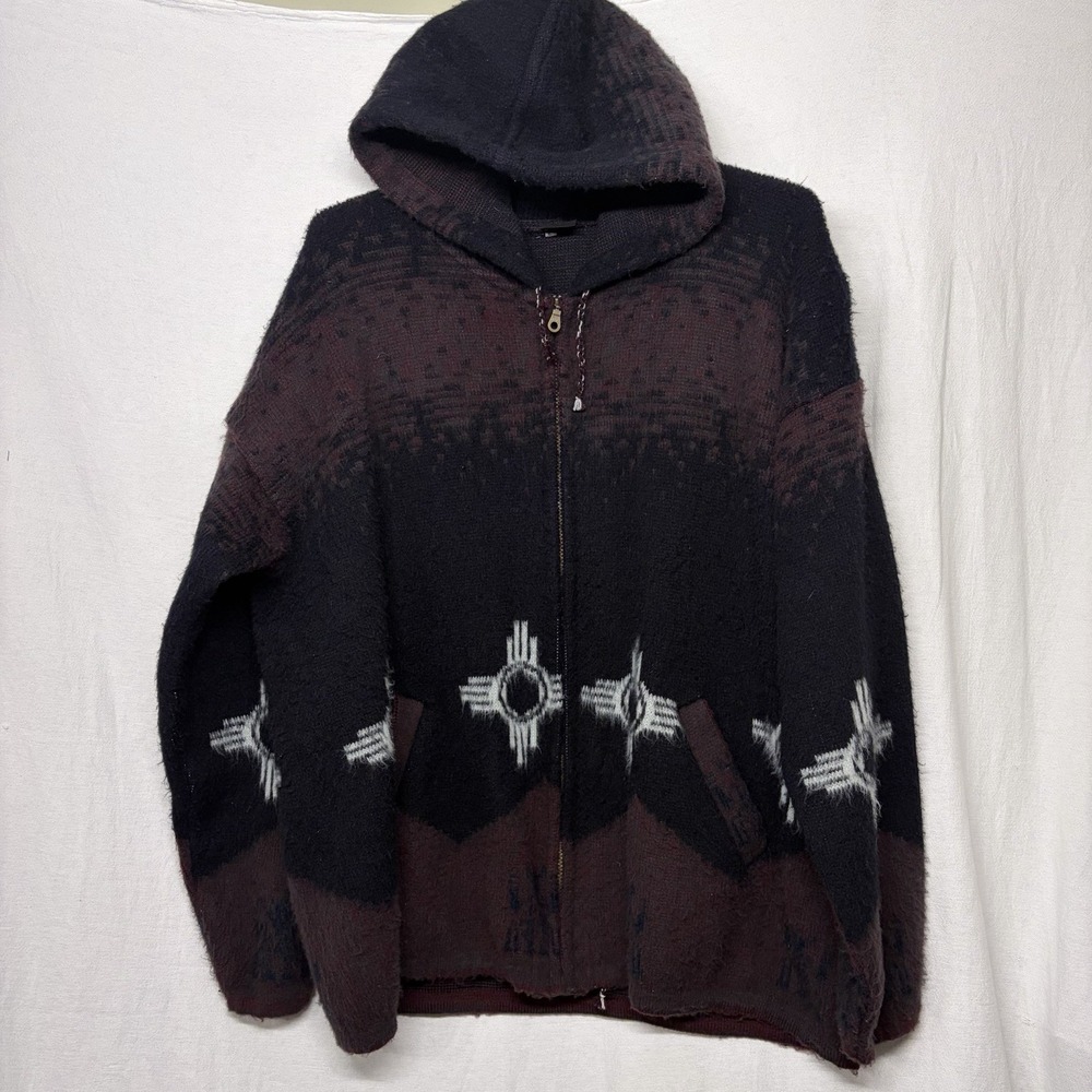 Otavalo Native American Handknit  Sweater Zip Hooded Aztec Southwestern‎ L VTG
